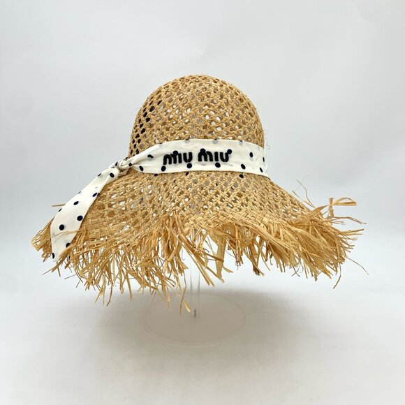 H17887 MiuMiu yellow logo letter polka dot woven straw hat Hat circumference 56c main image 6